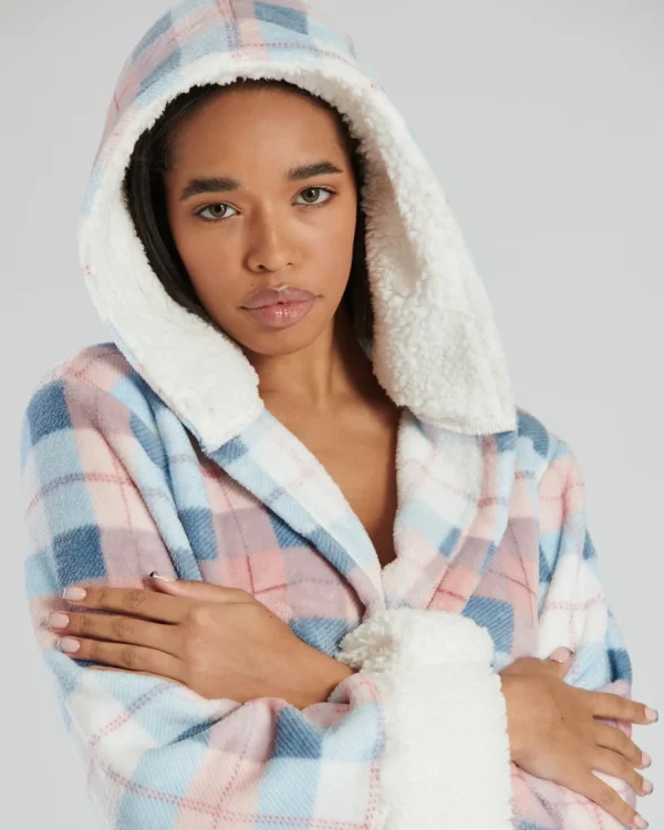 Loungeable Dressing Gowns | Blue Check Hooded Dressing Gown