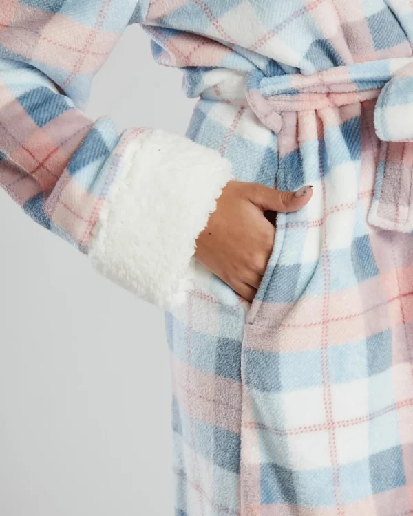 Loungeable Dressing Gowns | Blue Check Hooded Dressing Gown