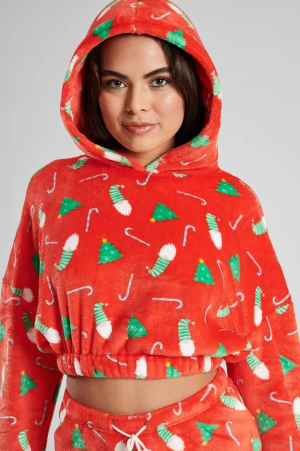 Loungeable Pyjamas | Christmas Print Cropped Hoodie & Short Pyjama Set