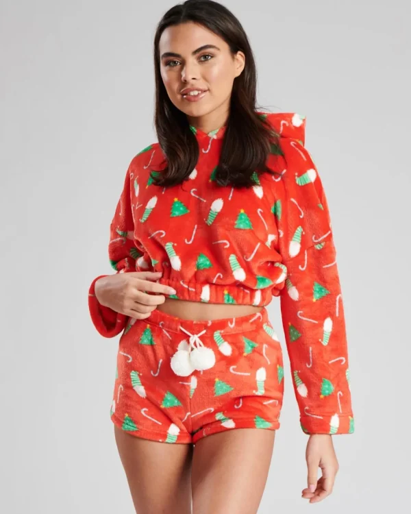 Loungeable Pyjamas | Christmas Print Cropped Hoodie & Short Pyjama Set