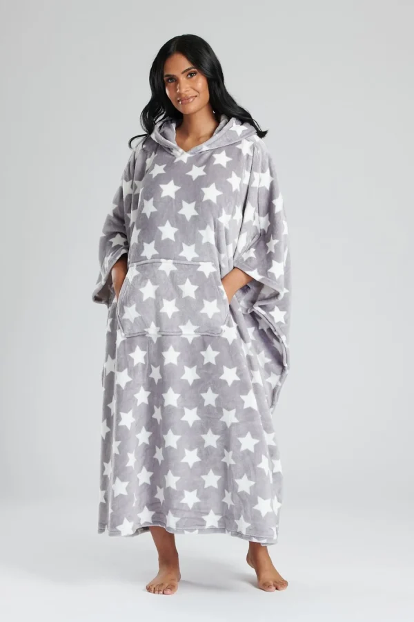 Loungeable Loungewear | Grey Star Fleece Hooded Long Poncho