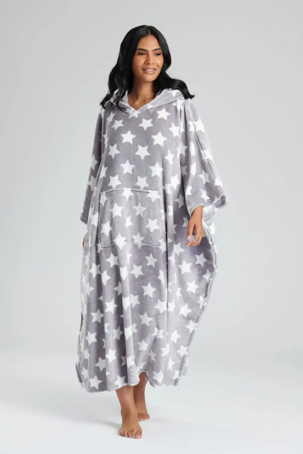Loungeable Loungewear | Grey Star Fleece Hooded Long Poncho