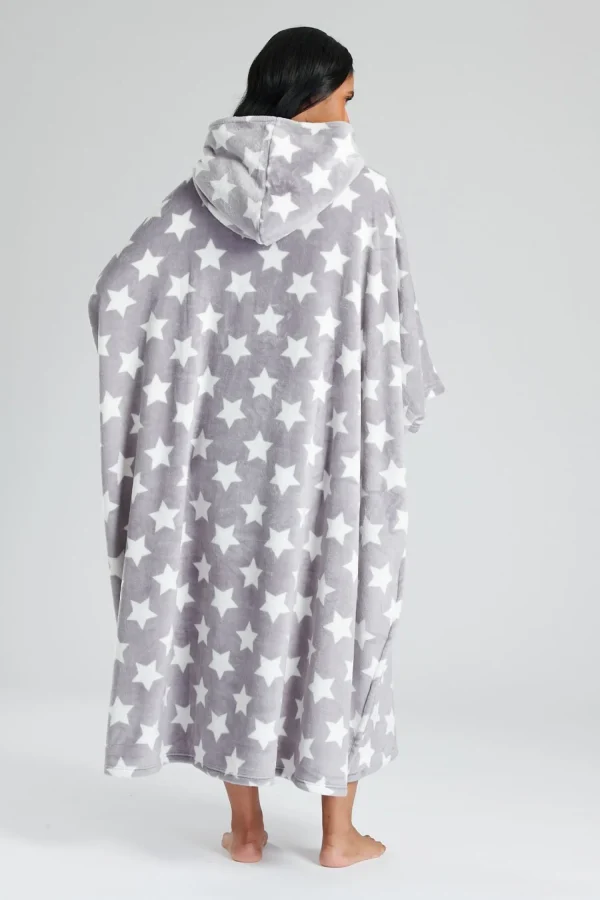 Loungeable Loungewear | Grey Star Fleece Hooded Long Poncho