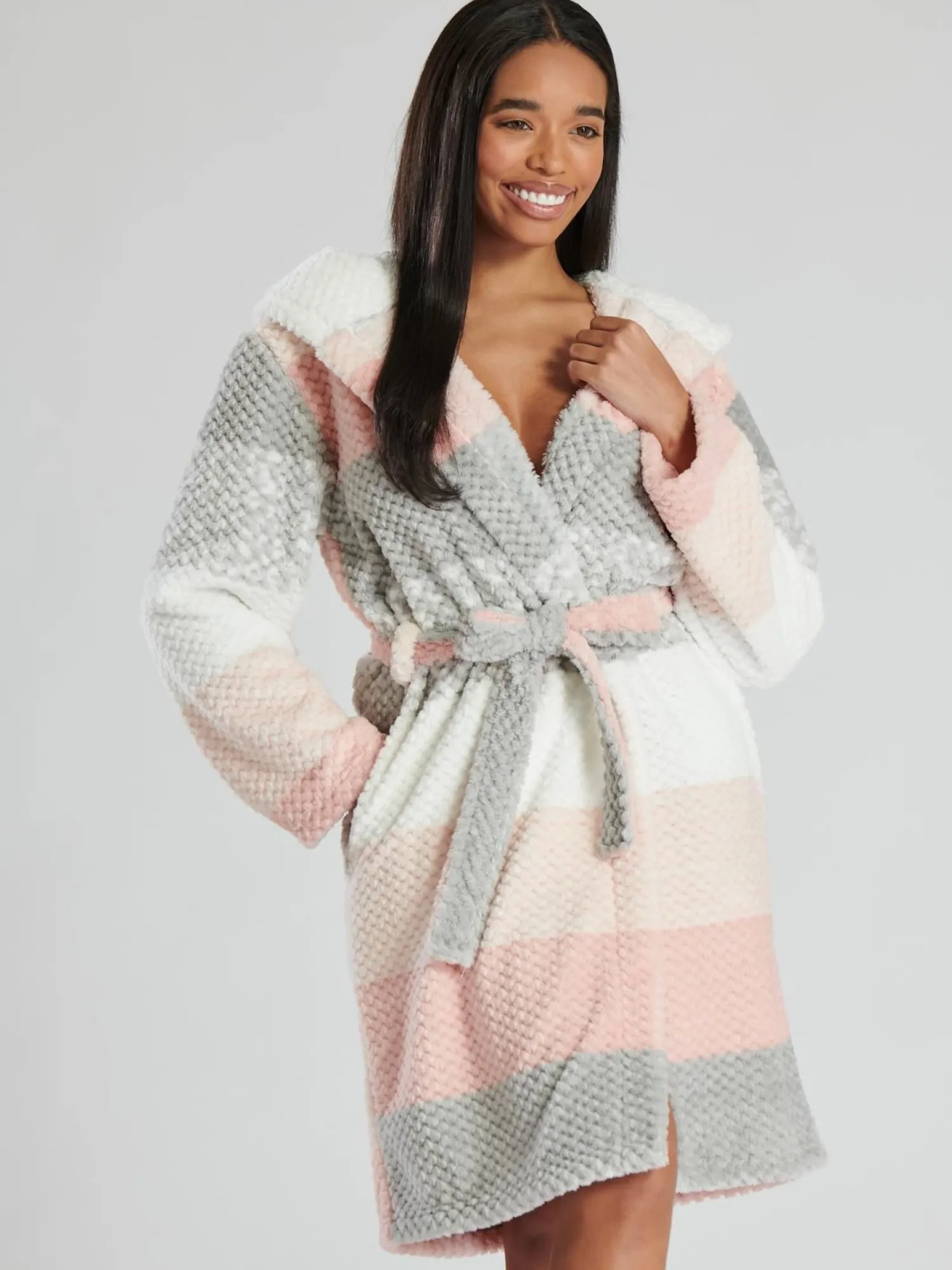 loungeable_grey_waffle_st_0.webp Loungeable Dressing Gowns | Grey Waffle Striped Dressing Gown