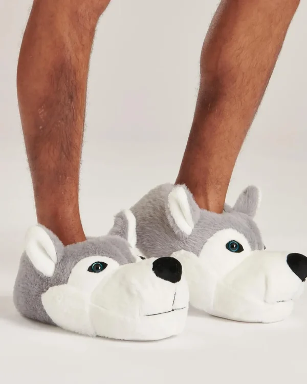Men Loungeable Mens Grey Wolf Slippers