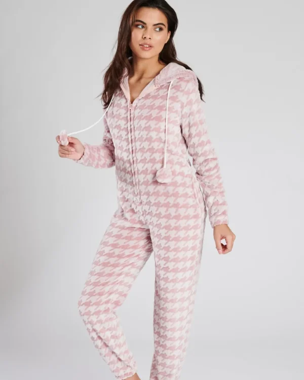Loungeable Onesies | Pink Houndstooth Onesie