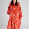 Loungeable Loungewear | Red Christmas Print Fleece Hooded Long Poncho