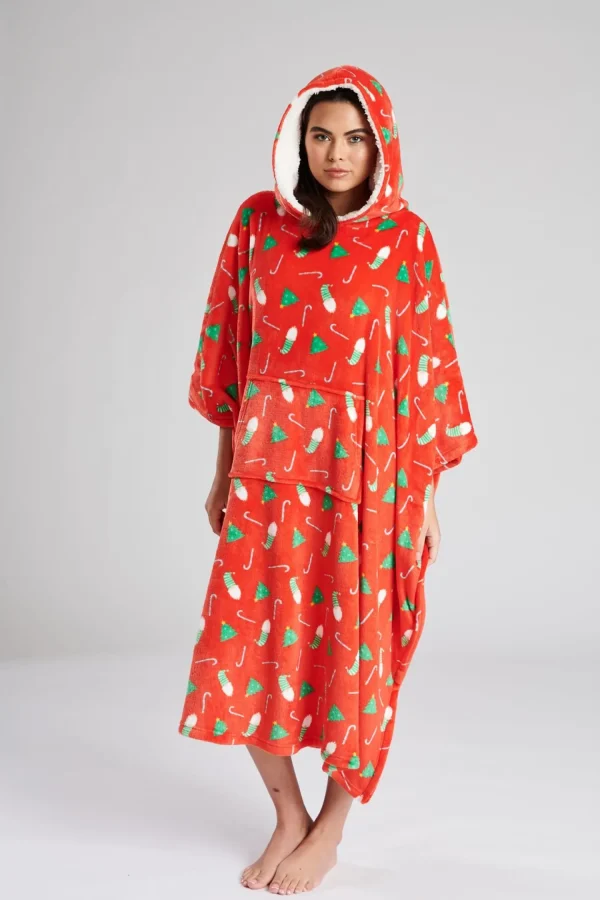 Loungeable Loungewear | Red Christmas Print Fleece Hooded Long Poncho