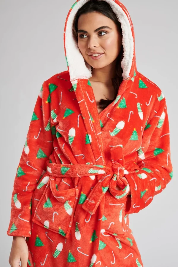 Loungeable Dressing Gowns | Red Christmas Print Dressing Gown