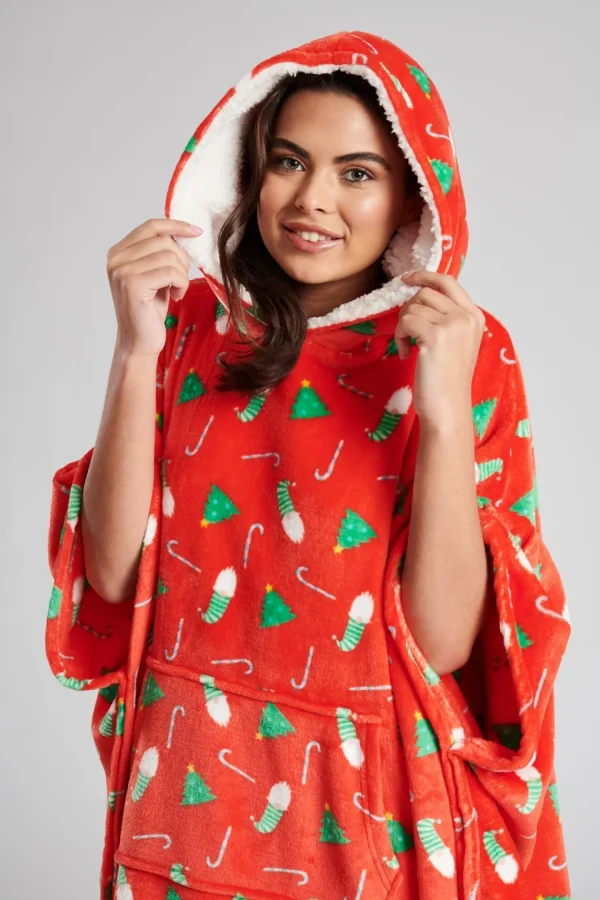 Loungeable Loungewear | Red Christmas Print Fleece Hooded Long Poncho