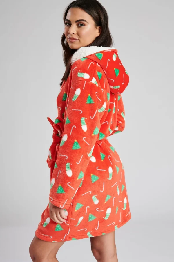 Loungeable Dressing Gowns | Red Christmas Print Dressing Gown