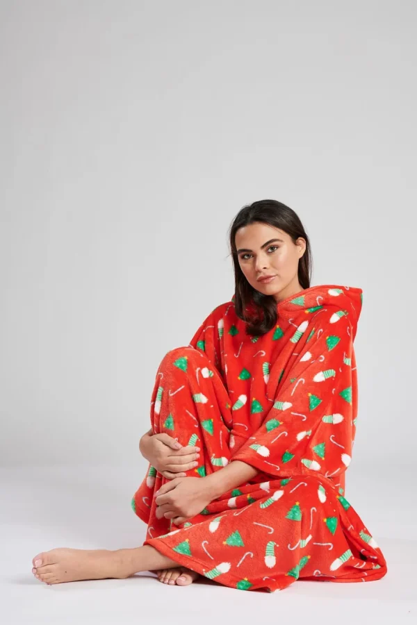 Loungeable Loungewear | Red Christmas Print Fleece Hooded Long Poncho