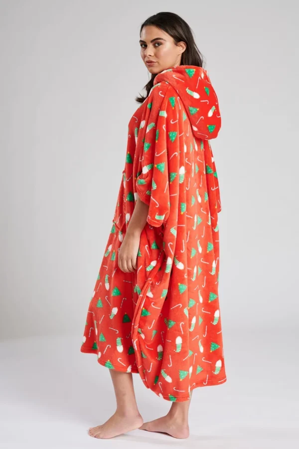 Loungeable Loungewear | Red Christmas Print Fleece Hooded Long Poncho