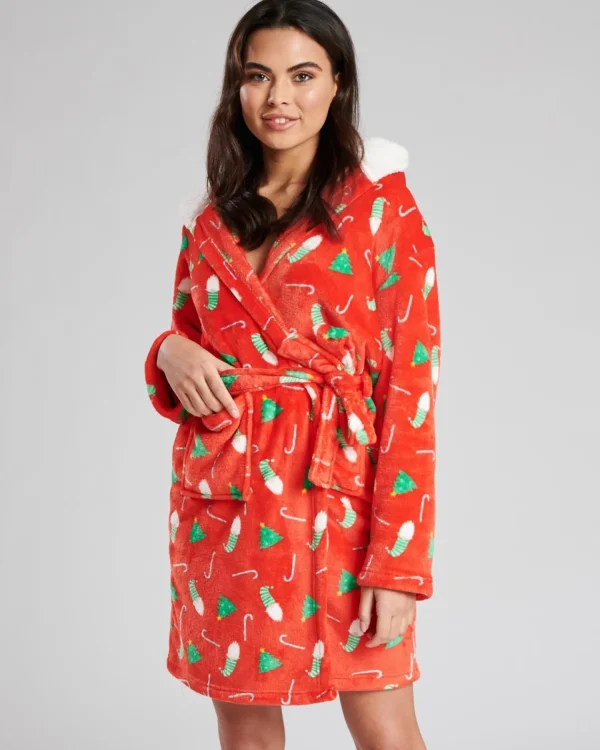 Loungeable Dressing Gowns | Red Christmas Print Dressing Gown