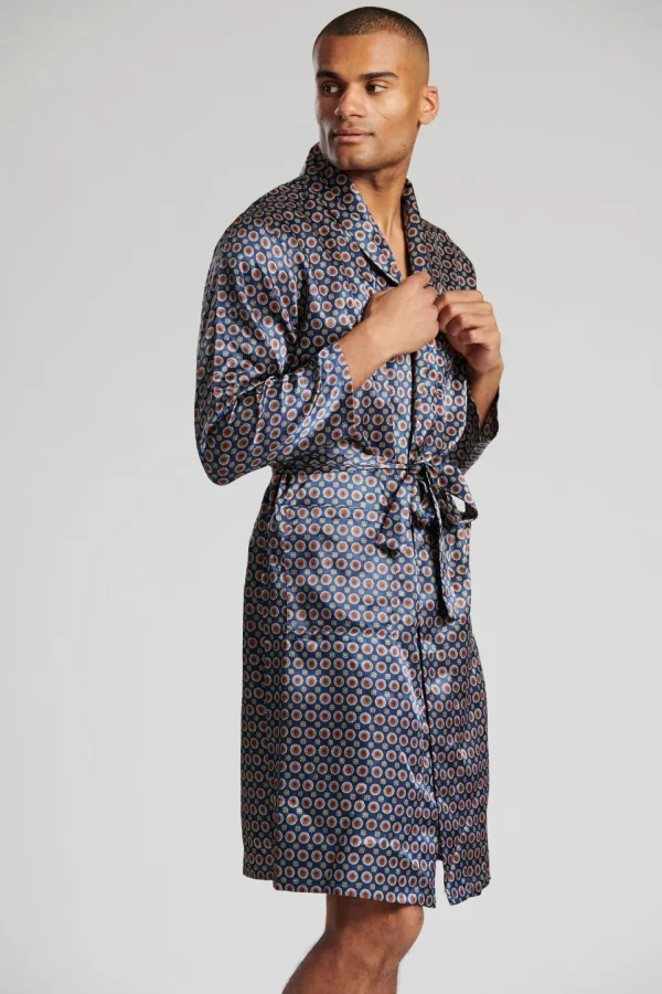 Men Loungeable Satin Paisley Print Dressing Gown - Navy