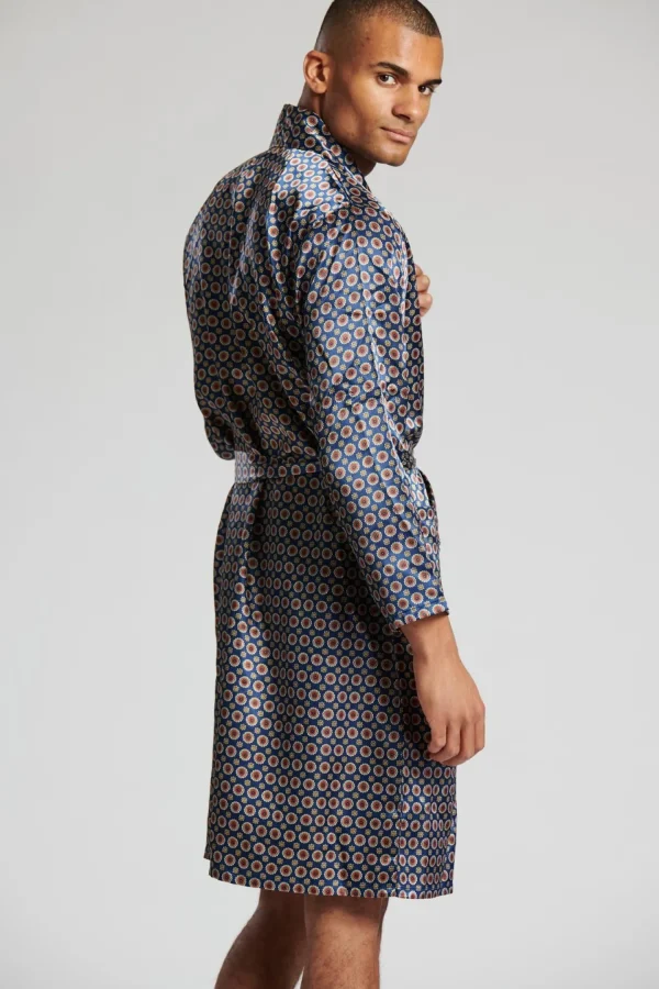 Men Loungeable Satin Paisley Print Dressing Gown - Navy