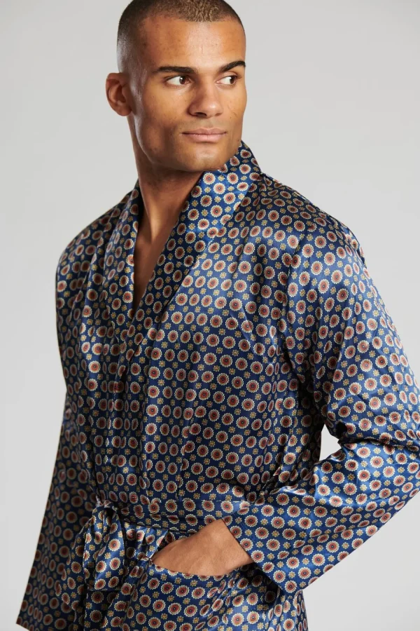 Men Loungeable Satin Paisley Print Dressing Gown - Navy