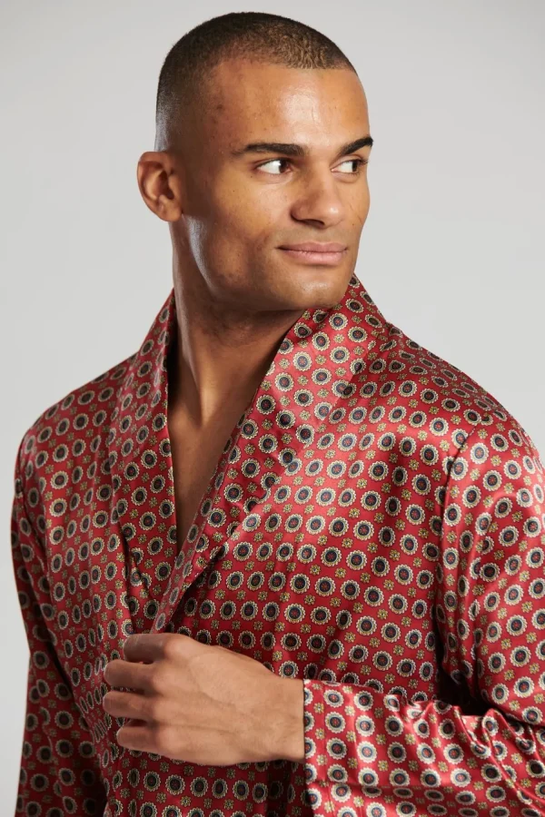 Men Loungeable Satin Paisley Print Dressing Gown - Burgundy