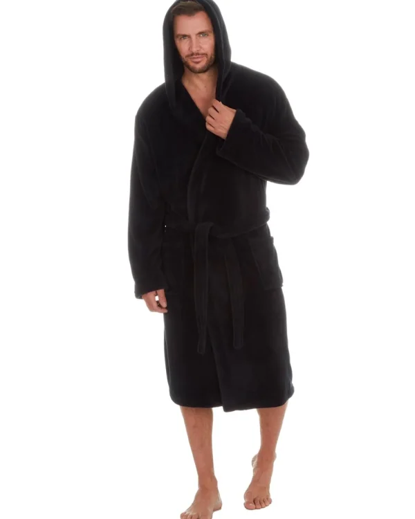 Men Embargo Mens Fleece Hooded Dressing Gown - Black