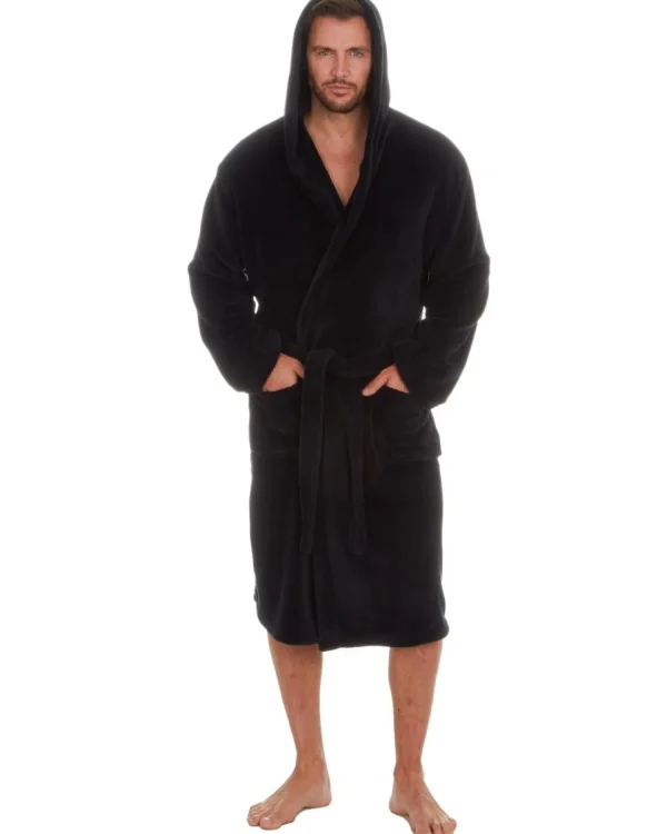 Men Embargo Mens Fleece Hooded Dressing Gown - Black