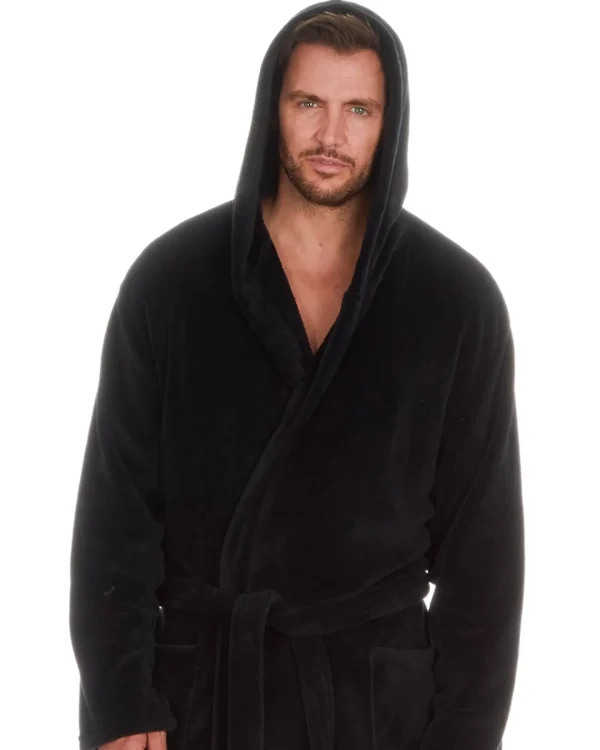 Men Embargo Mens Fleece Hooded Dressing Gown - Black