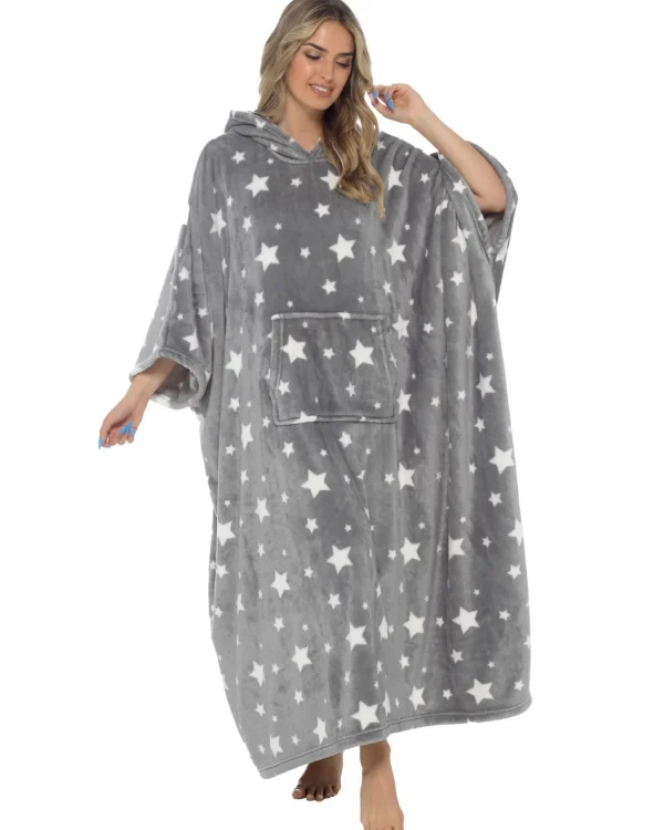* Loungewear | Oversized Long Hooded Blanket Poncho - Grey Star
