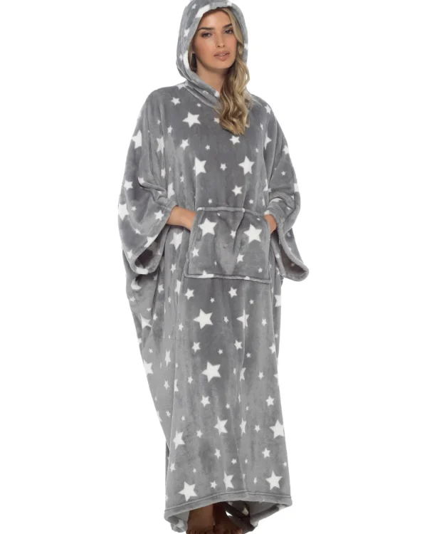 * Loungewear | Oversized Long Hooded Blanket Poncho - Grey Star