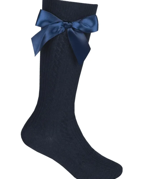 Kids Cottonique 2 Pairs Girls Cable Knee High Bow Socks - Navy