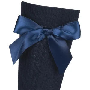 Kids Cottonique 2 Pairs Girls Cable Knee High Bow Socks - Navy