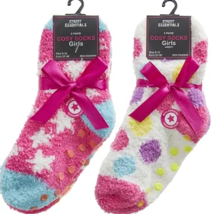 Kids * 4 Pairs Girls Fluffy Spots & Stars Socks