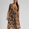 Pistachio Dresses | Wide Cross Over Brown Palm Print Dress