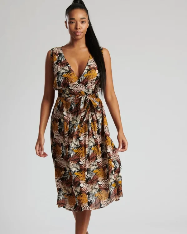 Pistachio Dresses | Wide Cross Over Brown Palm Print Dress