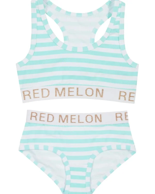Kids Red Melon Girls Crop Top Knicker Set - Aqua Stripe