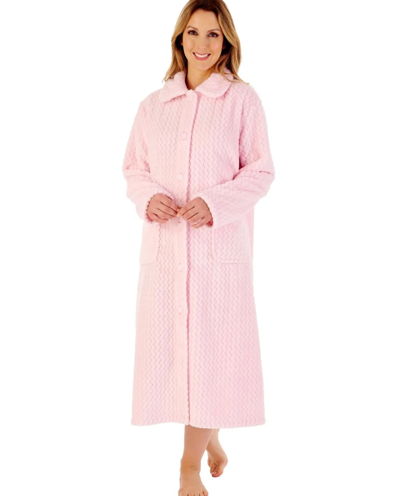 slenderella__chevron_embo_1-12.webp Slenderella Dressing Gowns | 46" Chevron Embossed Fleece Button Dressing Gown - Pink