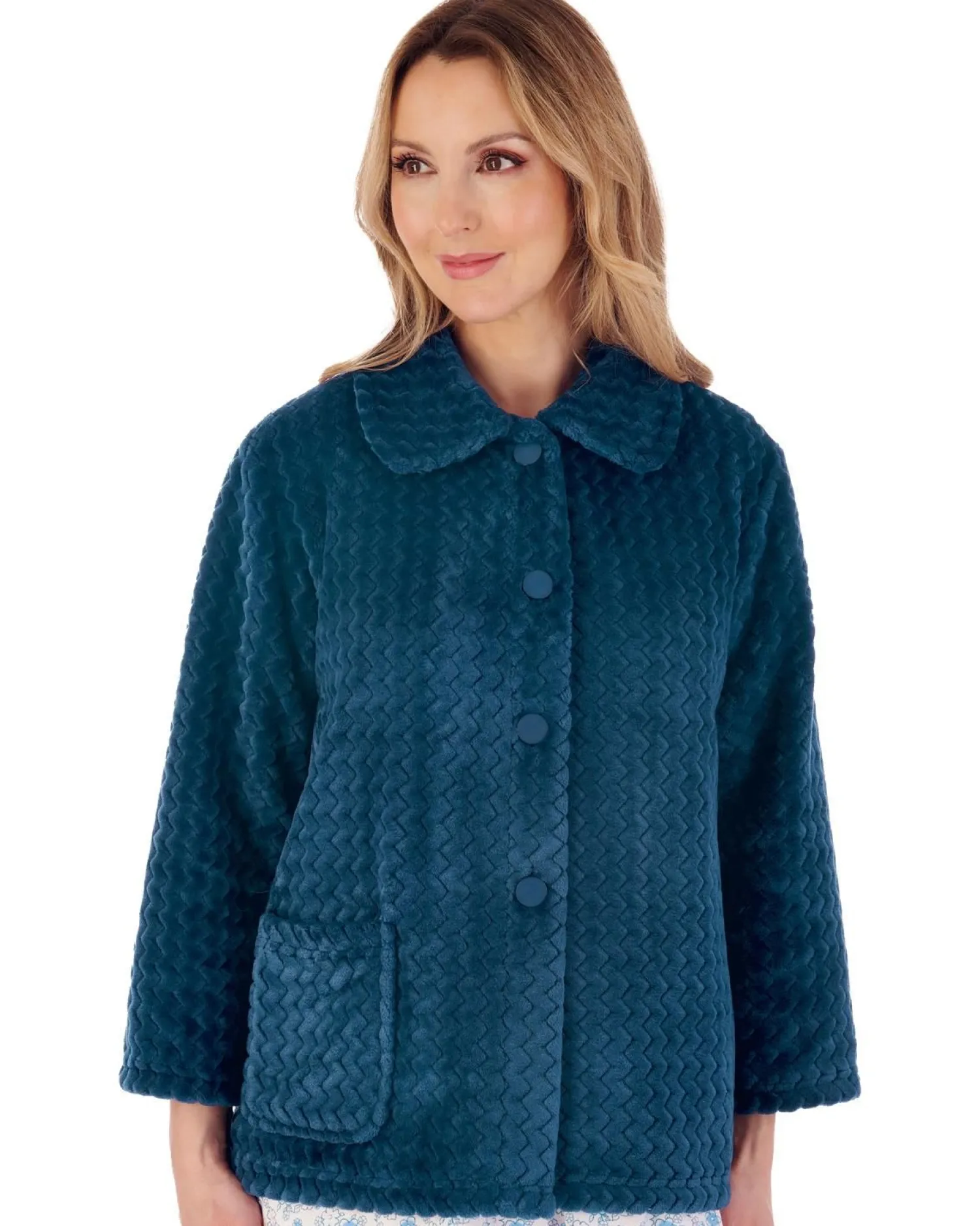 slenderella__chevron_embo_1-17.webp Slenderella Dressing Gowns | 25" Chevron Embossed Fleece Bed Jacket - Teal