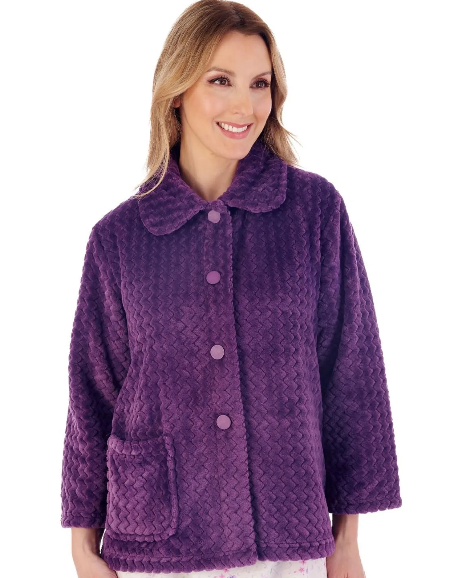 slenderella__chevron_embo_1-7.webp Slenderella Dressing Gowns | 25" Chevron Embossed Fleece Bed Jacket - Purple