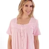 Slenderella Nighties | 42" Dobby Dot Short Sleeve 100% Cotton Nightie - Pink