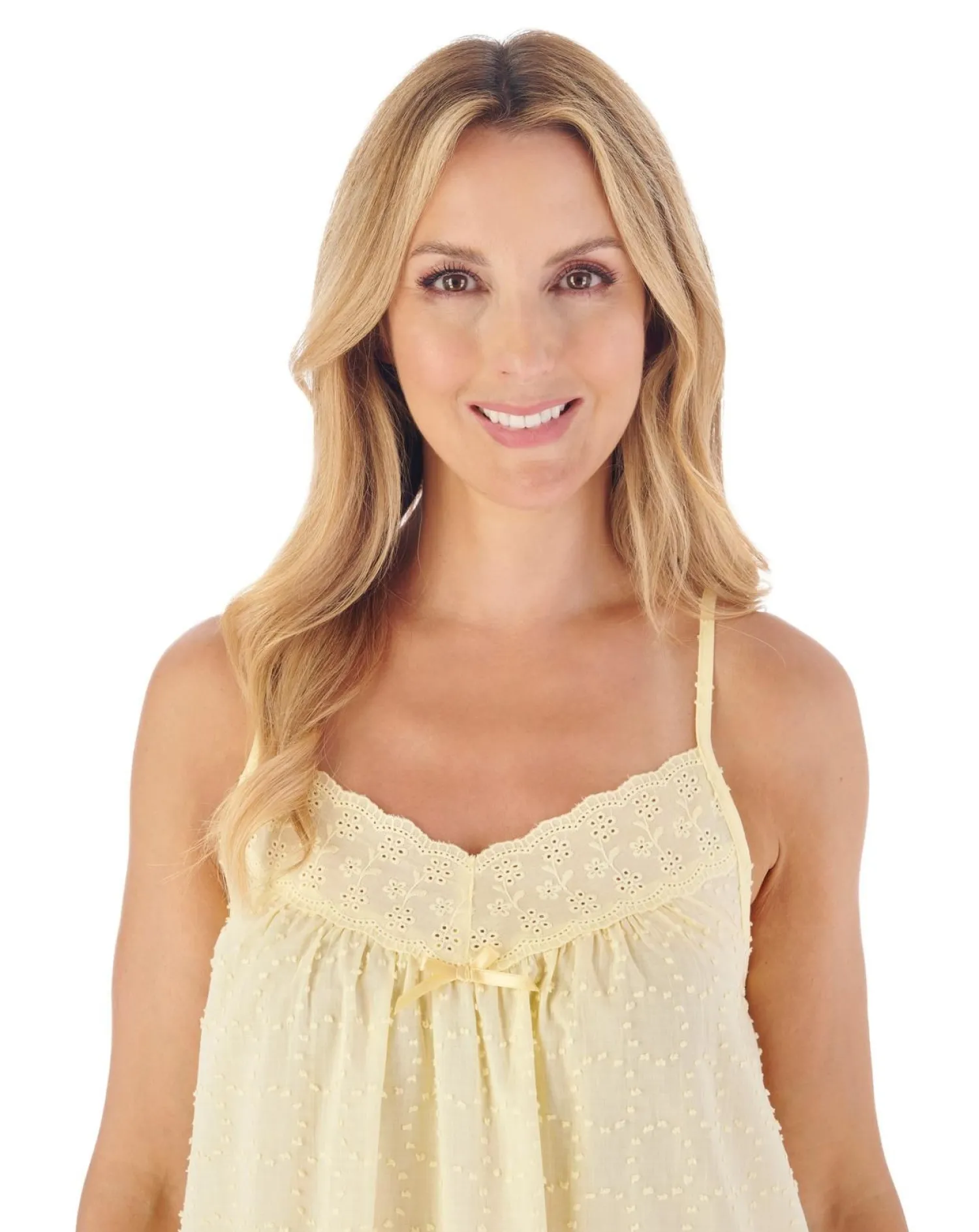 slenderella__dobby_dot_st_2-2.webp Slenderella Nighties | 40" Dobby Dot Strappy 100% Cotton Nightie - Lemon