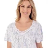 Slenderella Nighties | 42" Floral Meadow V-Neck Short Sleeve Jersey Nightie - Blue