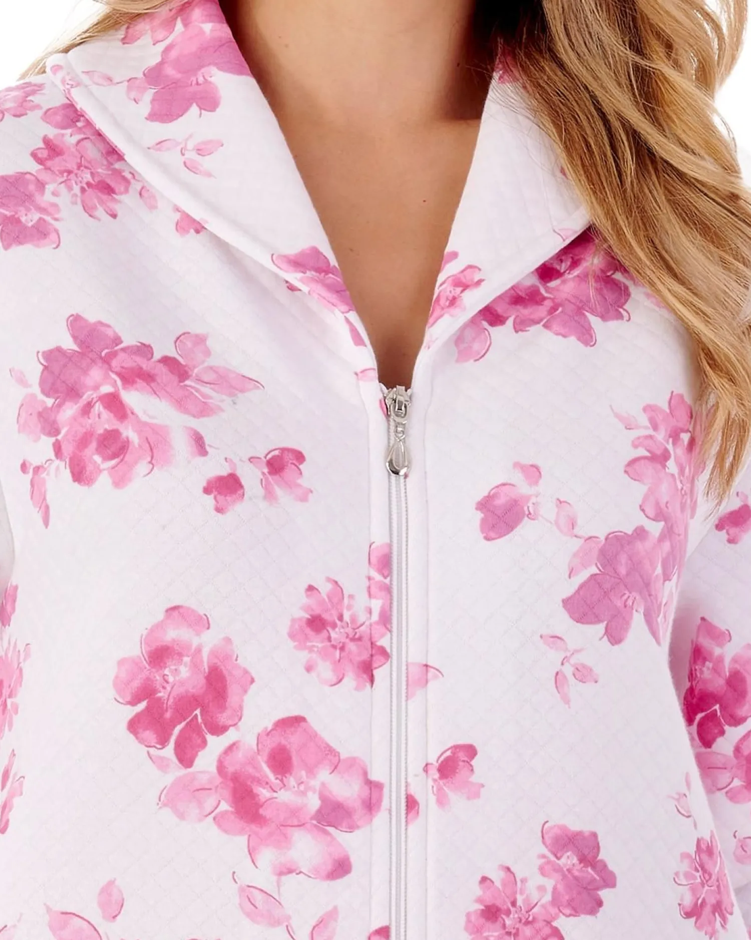 slenderella__floral_mock__0-1.webp Slenderella Dressing Gowns | 45" Floral Mock Quilt Zip Dressing Gown - Pink