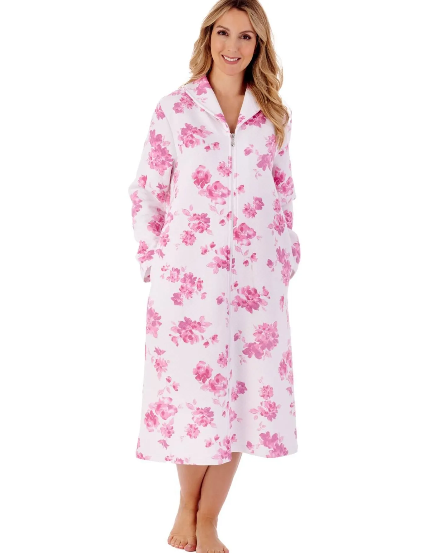 slenderella__floral_mock__1-1.webp Slenderella Dressing Gowns | 45" Floral Mock Quilt Zip Dressing Gown - Pink