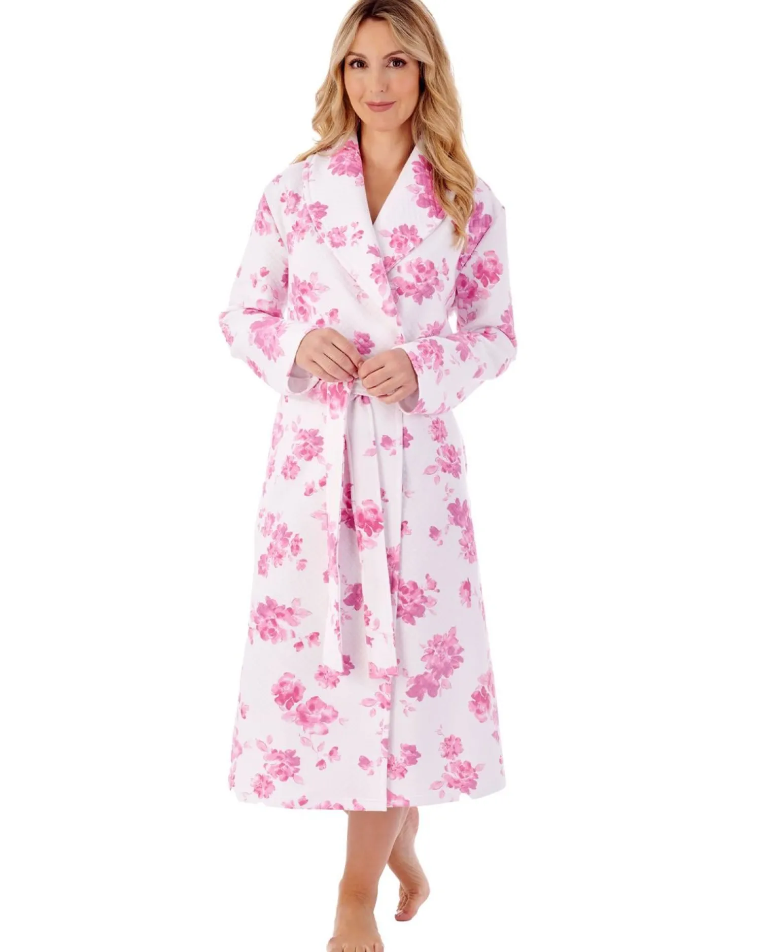 slenderella__floral_mock__2.webp Slenderella Dressing Gowns | 46" Floral Mock Quilt Dressing Gown - Pink