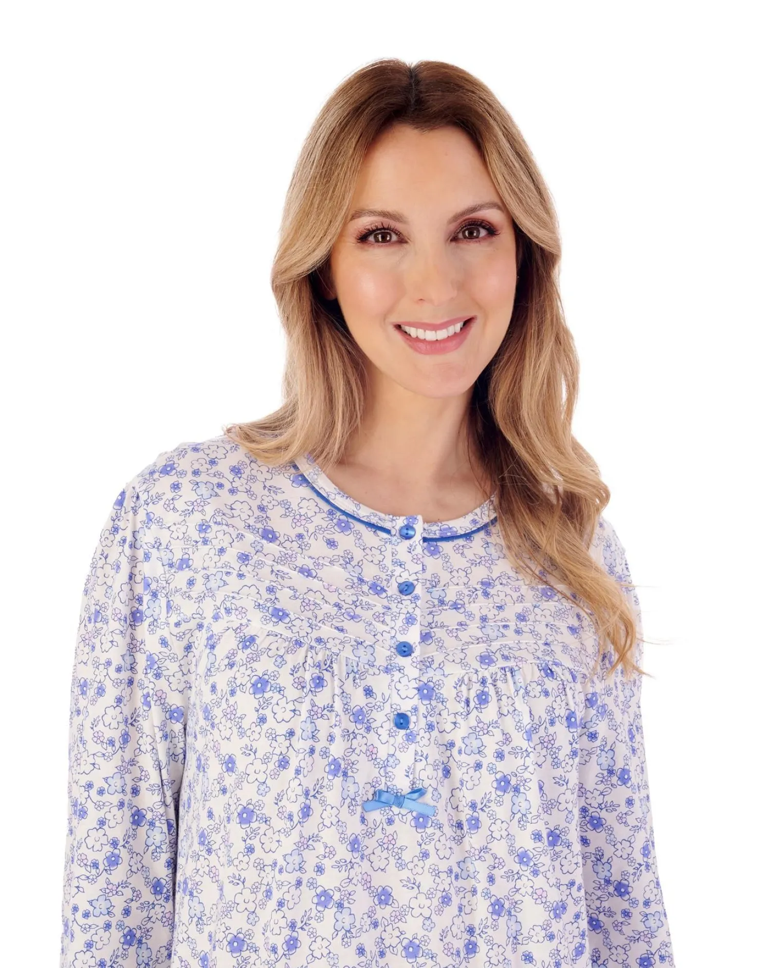 slenderella__long_sleeve__0-7.webp Slenderella Nighties | 45" Long Sleeve Ditsy Floral Jersey Nightie - Blue