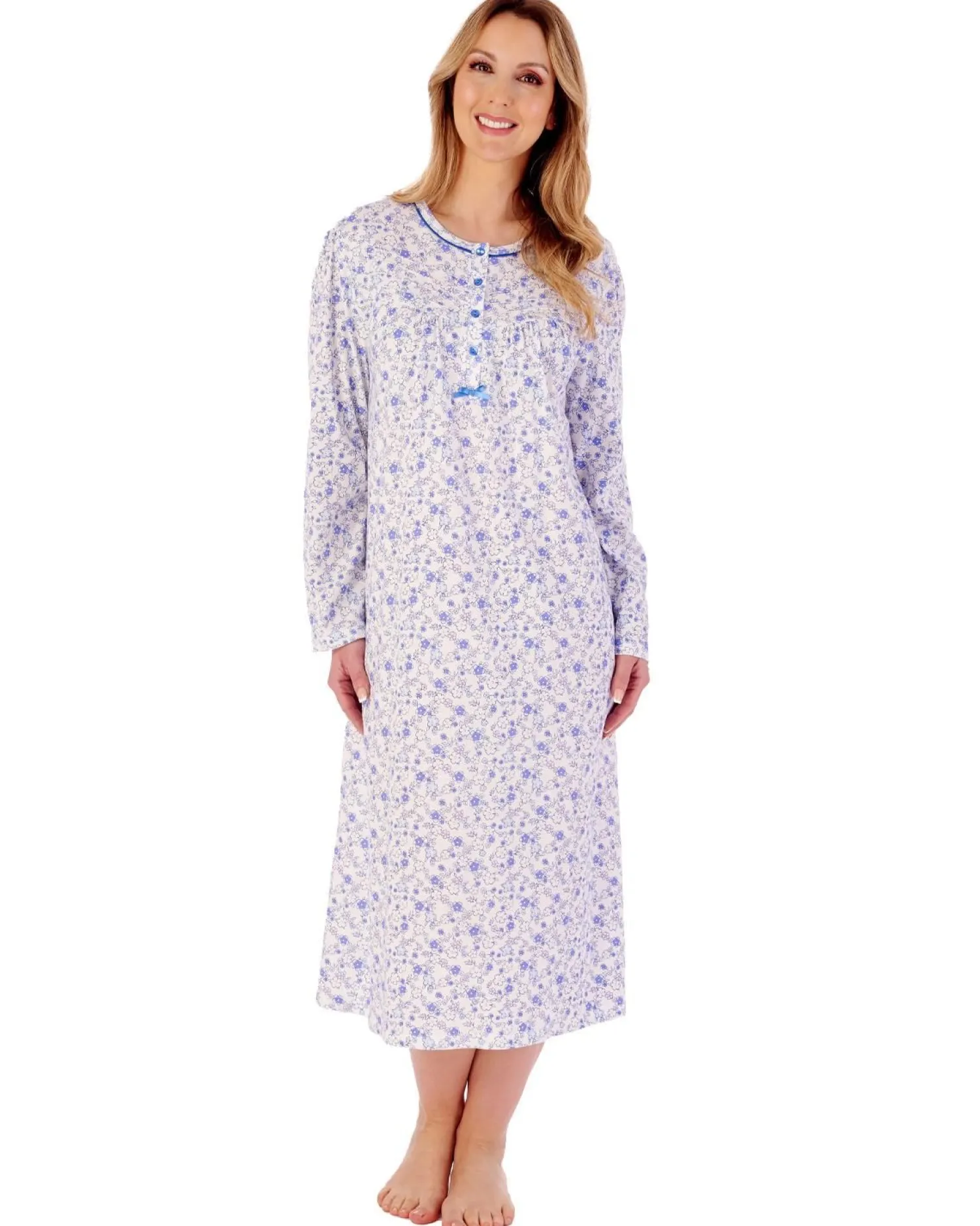 slenderella__long_sleeve__1-7.webp Slenderella Nighties | 45" Long Sleeve Ditsy Floral Jersey Nightie - Blue