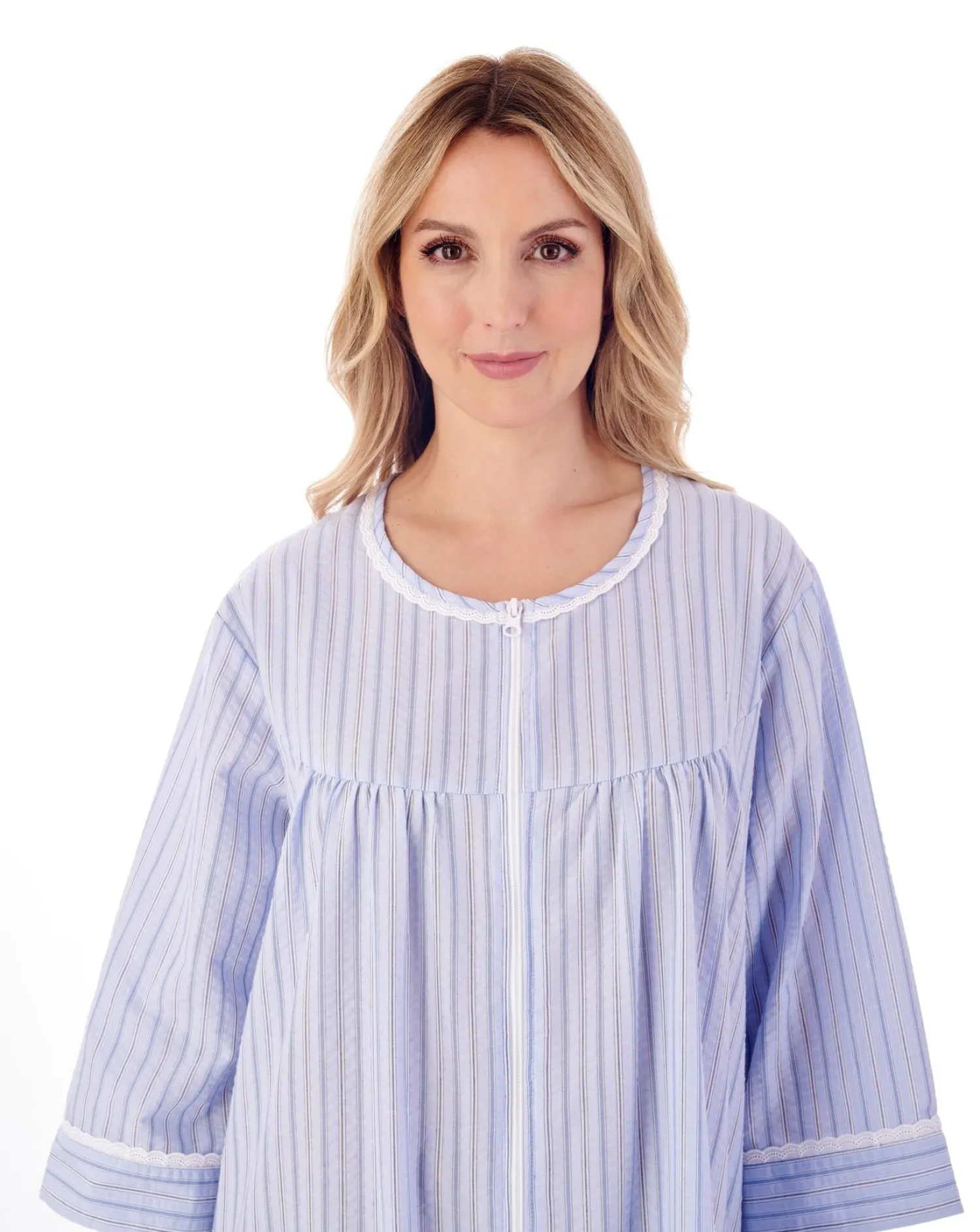 slenderella__seersucker_z_0.webp Slenderella Dressing Gowns | 45" Seersucker Zip Dressing Gown - Blue