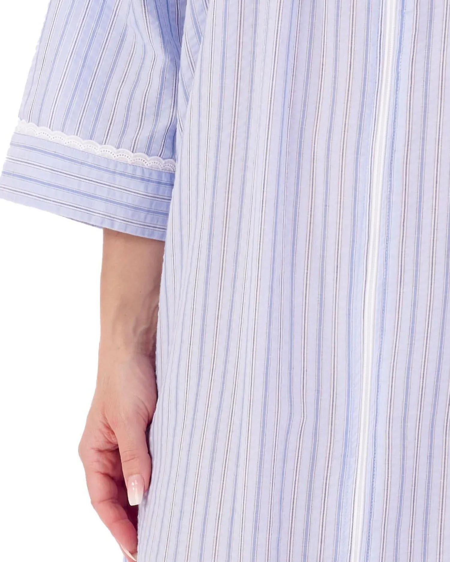 slenderella__seersucker_z_3.webp Slenderella Dressing Gowns | 45" Seersucker Zip Dressing Gown - Blue