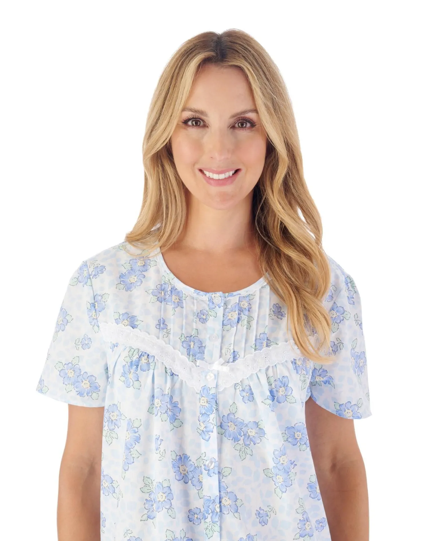 slenderella__shadow_leaf__0.webp Slenderella Nighties | 46" Shadow Leaf Floral Button Cotton Nightie - Blue
