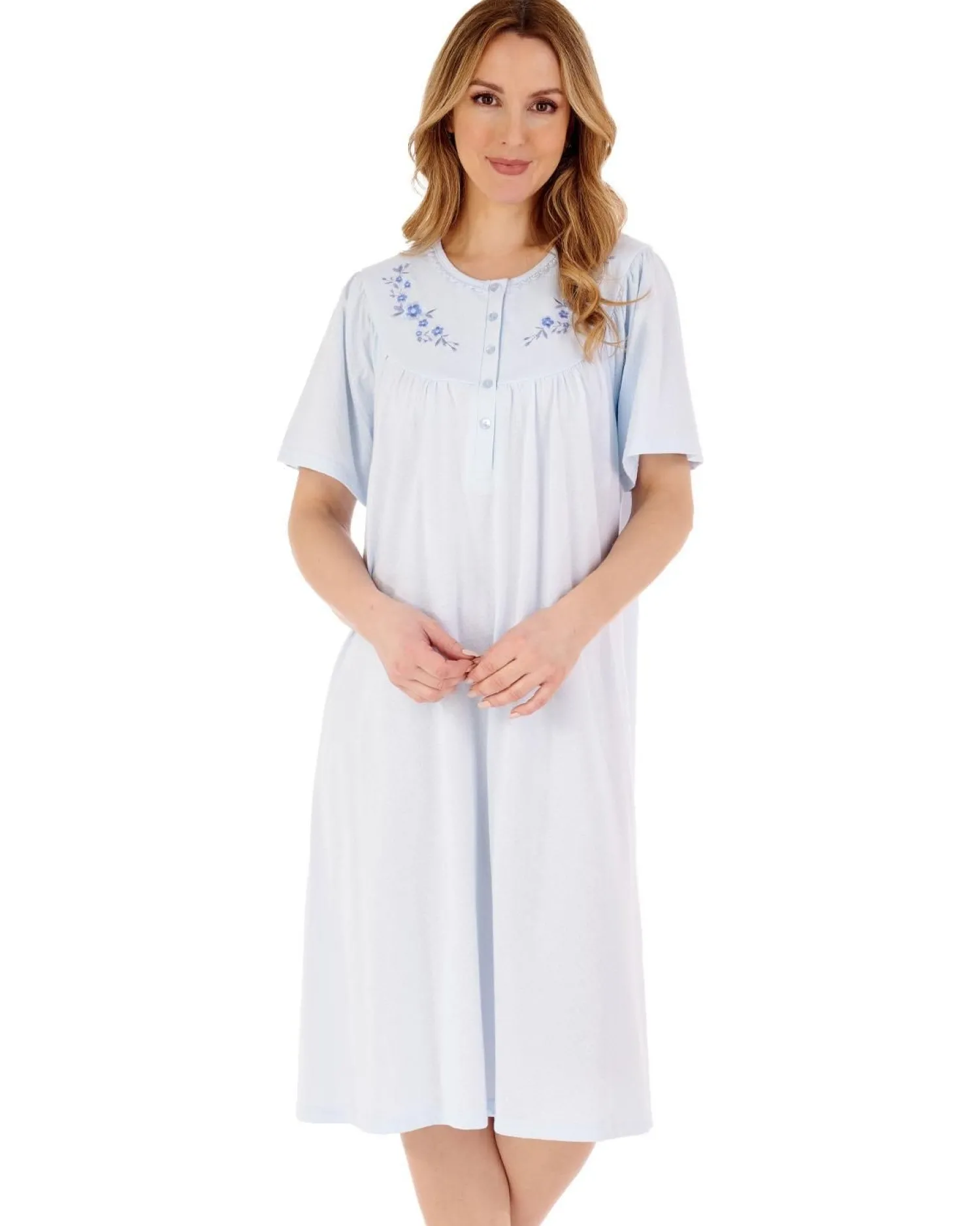 slenderella__solid_colour_1-3.webp Slenderella Nighties | 43" Solid Colour Short Sleeve Jersey Nightdress - Blue