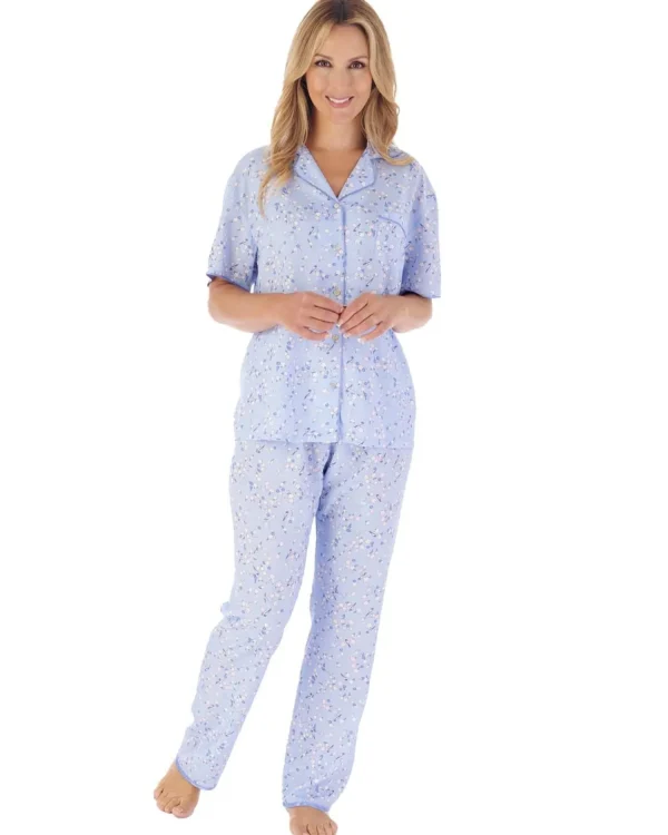 Slenderella Pyjamas | Blossom Print Woven Button Pyjamas - Blue