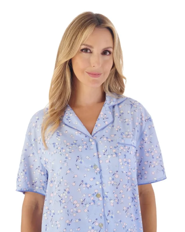 Slenderella Pyjamas | Blossom Print Woven Button Pyjamas - Blue